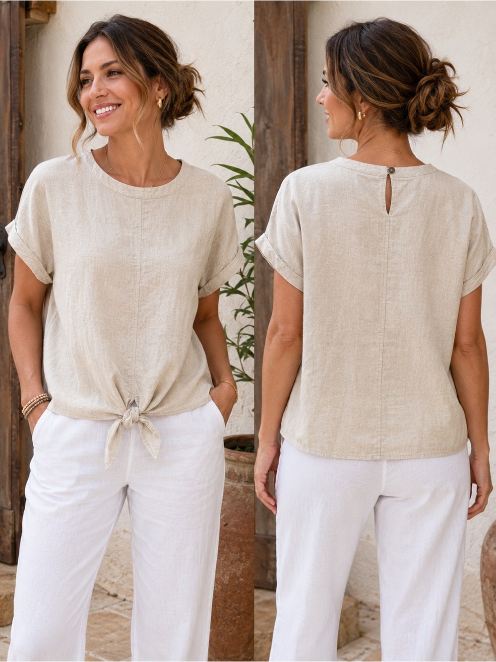 Buffalo David Bitton Linen Blend Tie-Front Top Medium | Oatmeal Beige |